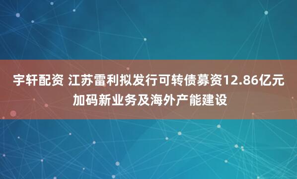 宇轩配资 江苏雷利拟发行可转债募资12.86亿元 加码新业务及海外产能建设